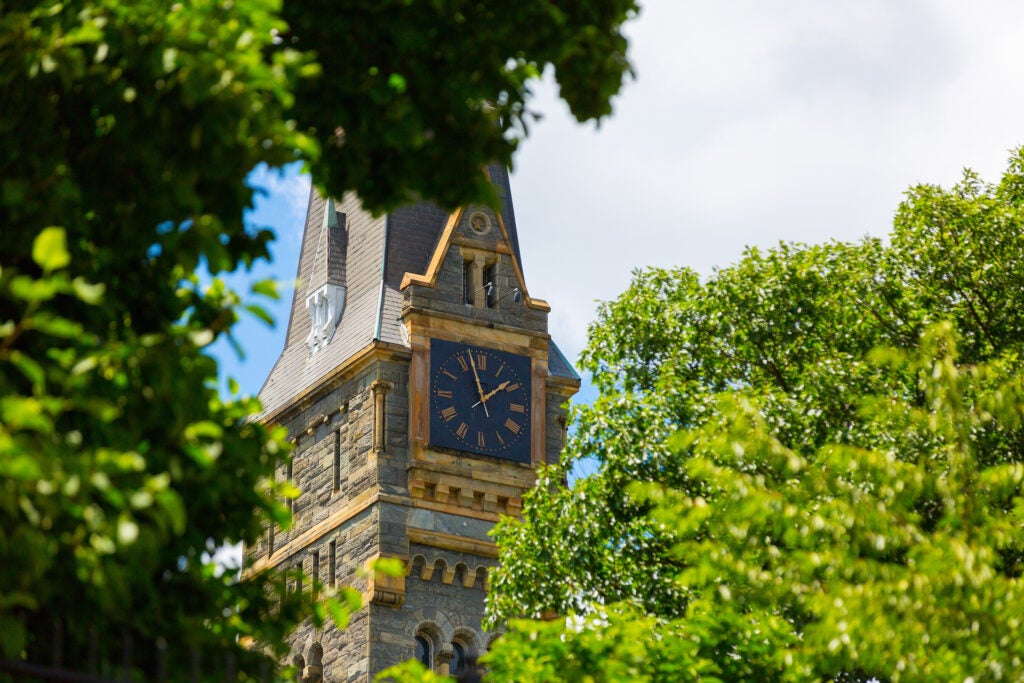 The Healy Clock Tower peaking through trees.